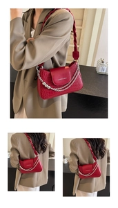 Detailed close-up of red crocodile pattern shoulder bag with silver chain and brand logo