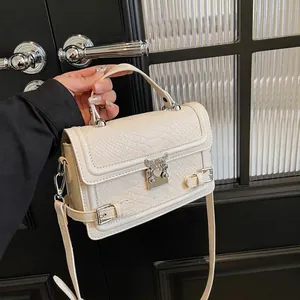 Women Retro Crocodile Pattern Embossed PU Leather Small Square Bag Top Handle Silver Wing Lock Crossbody Handbag
