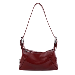 Deep burgundy glossy patent leather hobo bag for women with silver metal hardware