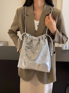 Women Fashion Drawstring Bucket Backpack PU Leather Chain Strap With Pearl Rhinestone Butterfly Bow Heart Pendant Pleated