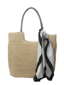 Summer woven straw tote bag with black-and-white striped handles and a geometric scarf