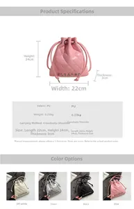 Detailed size specifications and material chart for the quilted bucket backpack