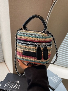 Mini Bohemian Straw Woven Crossbody Bag For Women Striped Summer Beach Square Handbag With Chain Strap And Double Zipper
