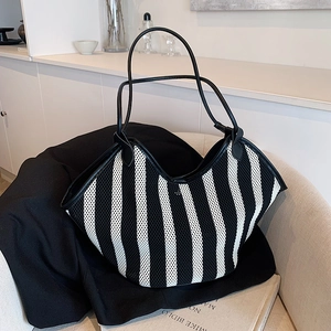 Bolso Tote a Rayas de Gran Capacidad para Mujer en PU y Malla Bolso de Hombro de Rayas Verticales Casual Moda Compras