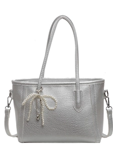 Silver tote bag with litchi texture and elegant pearl bow charm for women's fashion