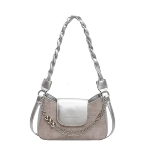 Silver metallic and beige crocodile leather handbag with elegant chain handle