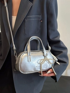 Fashion Women Metallic PU Leather Handbag With Artificial Pearl Bow Pendant Retro Small Square Shoulder Crossbody Bag For Daily Commuting