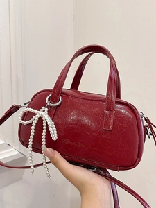 Fashionable wine red patent leather small crossbody bag with pearl bow and brand logo