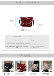 Detail specifications of PU leather bucket bag with butterfly clasp and pearl chain straps