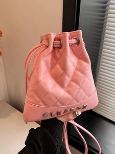 Chic pink quilted drawstring bucket backpack with metal letter decor for women
