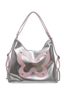 Metallic silver tote bag for women with pink leather butterfly and Y2K chain straps