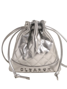 Quilted silver drawstring bucket backpack with metallic finish and CLEAROK logo detail