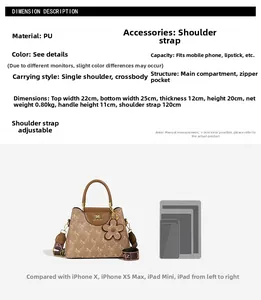 Size chart for women's PU bucket bag showing dimensions, capacity, and adjustable strap