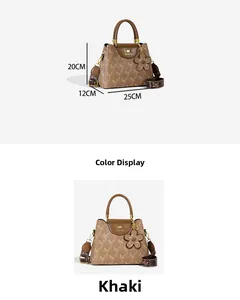 Detailed view of khaki bucket bag showing 25x12x20cm dimensions and leather texture