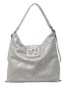 Silver metallic multi-functional tote bag with bow detail and convertible straps