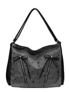 Large gray star print shoulder bag with leather straps and decorative bow tassels