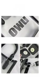 Detail of transparent PVC jelly bag with black leather handles and metal magnetic clasp