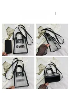 Detailed four-angle view of transparent jelly bag with black OWU print and shoulder strap