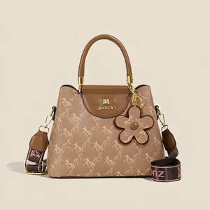 Retro Horse Print PU Leather Bucket Bag For Women Fashion Wide Strap Shoulder Crossbody Bag With Leather Flower Charm