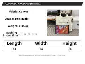 Size chart showing beige canvas tote backpack dimensions 33x14x34cm with tablet for scale