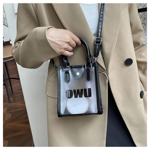 Detail view of semi-transparent frosted PVC tote bag with black trim and OWU logo