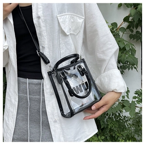 Detail of transparent PVC jelly bag with black PU trim and OWU lettering on cross-body strap