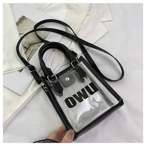 Detail view of transparent PVC jelly bag with black OWU print and internal pouch