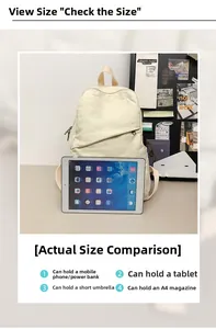 Detail showing high capacity canvas backpack fitting a tablet, A4 books, and daily items