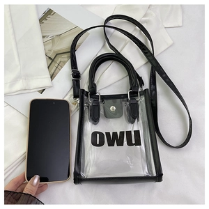 Detailed size comparison of transparent mini PVC crossbody bag with a smartphone