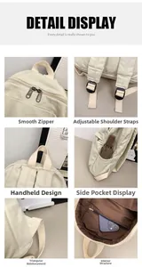 Detail view of canvas backpack showing smooth zippers, adjustable straps and side pockets
