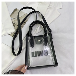 Detail of transparent PVC jelly bag with black trim and UWO logo on white blazer background
