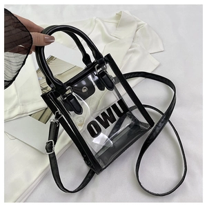 Detail of transparent PVC jelly bag with black leather handles and OWU logo
