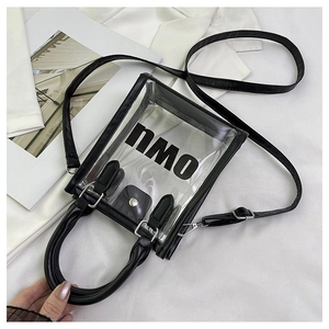 Close-up of transparent PVC mini bag with black leather handles and printed nmo logo