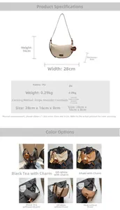 Détails des dimensions et sacs hobo tissés en demi-lune en coloris kaki et blanc