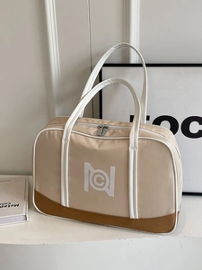 Retro commute tote bag in beige with brown contrast base and white shoulder straps