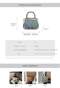 Silver denim bucket bag dimensions showing 20cm width and bamboo handle detail