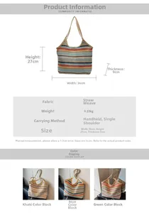 Detailed size and color specs for the multi-colored striped straw tote bag