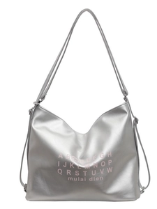 Silver metallic Hobo tote bag with pink alphabet print for stylish daily commuting