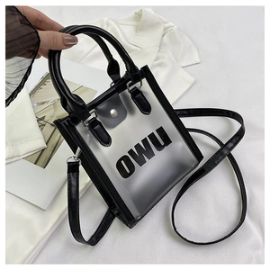 Detail of transparent PVC jelly bag featuring black contrast leather and OWU lettering