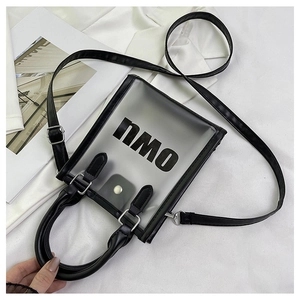 Detail of translucent frosted PVC tote bag with black leather trim and metal buckles