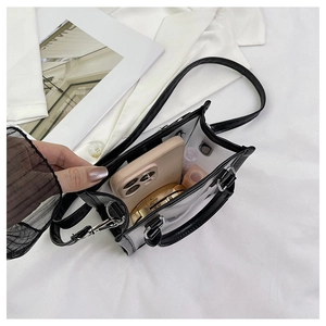 Detail view of the mini jelly bag interior showing capacity for phone and lipstick