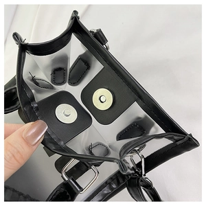 Detailed close-up of the silver magnetic closure on a transparent PVC beach tote bag