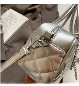 Detailed close-up of silver quilted crossbody bag with high-shine metallic hardware
