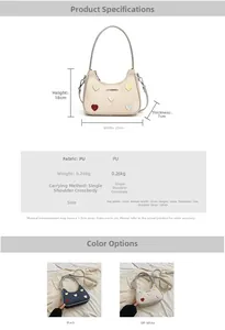Detailed dimension chart and specifications for heart pattern crossbody PU shoulder bag