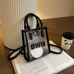 Women Fashion Transparent PVC Small Square Bag Frosted Jelly Crossbody Handbag With PU Leather Trim Adjustable Strap Daily