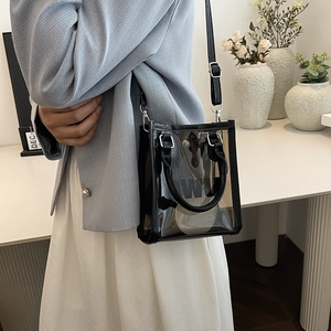 Summer transparent jelly square bag with black leather trim and crossbody strap