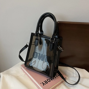 Summer transparent black PVC jelly shoulder bag with OW print and removable strap