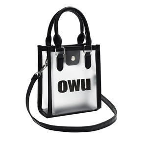 Transparent PVC jelly handbag with black leather trim and OWU logo for beach vacations