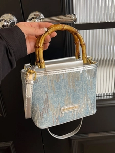 Blue denim bucket bag with silver sequins and vintage bamboo handle for women