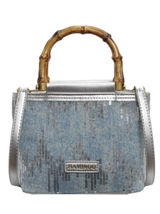 Blue denim bucket bag with silver sequins, bamboo top handle and detachable strap